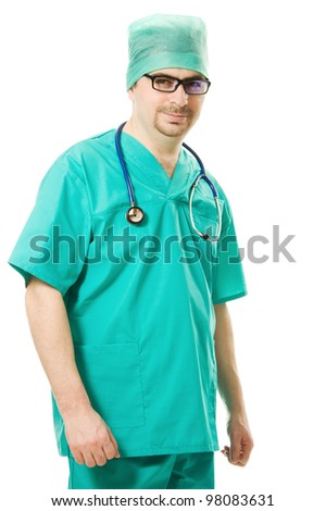 Male doctor with a stethoscope on a white background.
