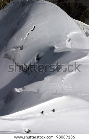 Climbing Mont Blanc, French Alps, France. This picture was taken from the top of the Mount Aiguille du Midi.
