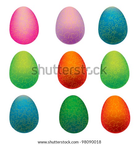 9 easter eggs decorated with golden chickens and rabbits over white
