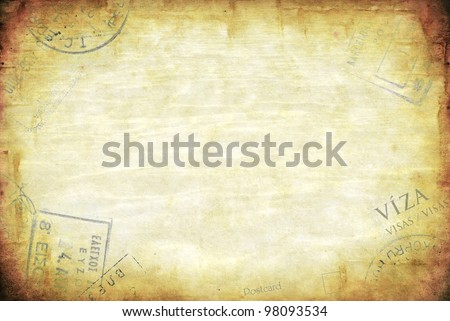 Grunge background, with passport visa stamps.  Lots of copy space. Royalty-Free Stock Photo #98093534
