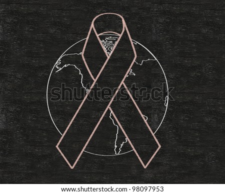 Awareness ribbon written on blackboard background with world symbols