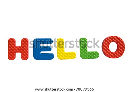 The word "Hello" written with colorful alphabet puzzle letters isolated on white background