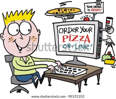 Vector cartoon of boy ordering pizza on the internet using computer.