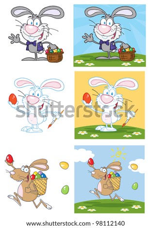Bunny With Easter Eggs And Basket. Vector Collection