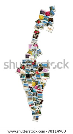 Map of Israel,collage made of travel photos with famous landmarks - western wall,omar mosque,bahai temple, all photos are my own