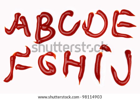 K-L-M-N-O-P-Q-R-S-T-U-V-W-X-Y-Z  alphabet letters made with tomato ketchup sauce on white background (isolated on white).  Make your own words in ketchup.
