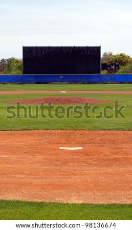 View of a baseball diamond from home plate to the outfield