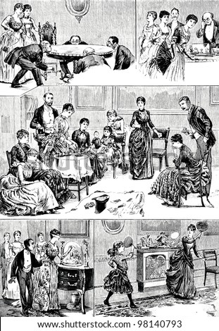 British parlor games. Engraving by  Rashevsky. Published in magazine "Niva", publishing house A.F. Marx, St. Petersburg, Russia, 1888