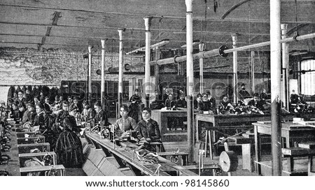 Shoe factory in St. Petersburg. Engraving by  Flyugel. Published in magazine "Niva", publishing house A.F. Marx, St. Petersburg, Russia, 1888 Royalty-Free Stock Photo #98145860