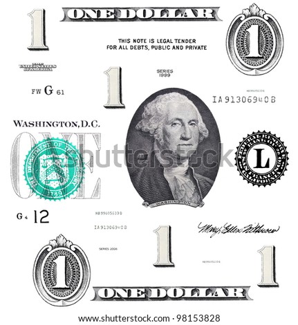 set of original detail 1 $ dollars, with Washington, isolated on white background
