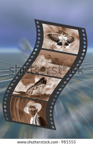 Illustration, background of a sepia negative filmstrip with 4 pictures embedded, cliping path included.
