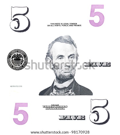 set detail 5 $ dollars, with Lincoln, isolated on white background
