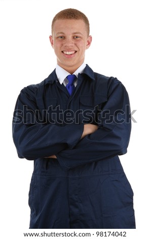 A guy in overalls, isolated on white