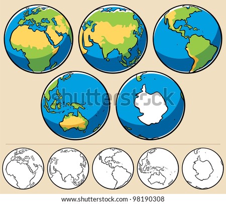 Earth: Cartoon illustration of planet Earth viewed from 5 different angles. Below are the same globes uncolored.