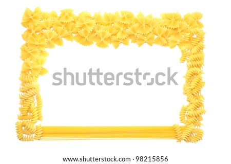 Closeup of frame of  italian pasta farfalle spaghetti isolated on white