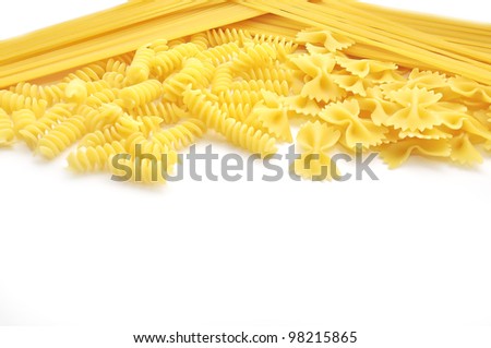 Closeup of  italian pasta farfalle spaghetti with text area  isolated on white