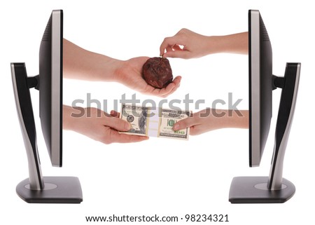 Two computer monitor on white background. Unequal exchange. Money for a bad commodity
