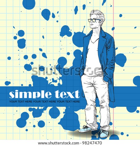 Vector illustration of the stylish guy in a coat on a dirty background.