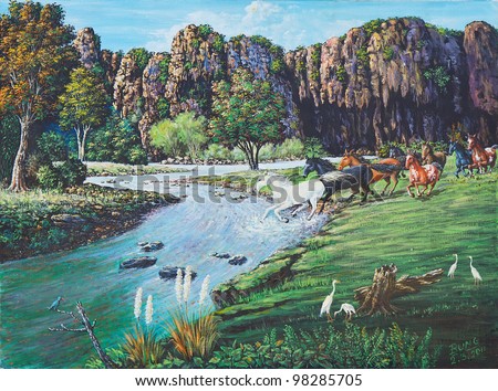 Original oil painting on canvas - horses in the forest