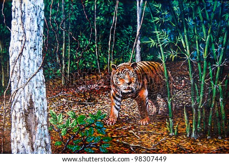 Tiger in the forest of oil painting
