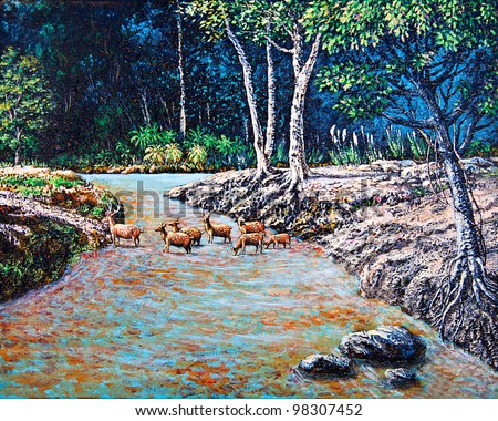 Wildlife of deer in the forest by oil painting