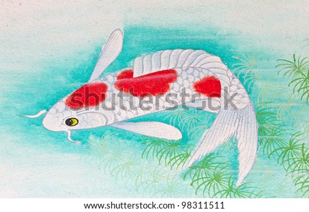 tradition Chinese fish painting on Chinese temple wall at Huahin, Thailand