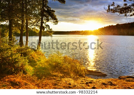 Sunset over Lake of Two Rivers in Algonquin Park, Ontario, Canada Royalty-Free Stock Photo #98332214