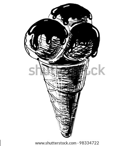 Ice cream in a cone isolated on white background. Hand drawing sketch vector illustration