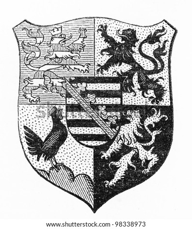 Vintage drawing of Saxe-Coburg-Gotha Coat of arms from the end of 19th century -  Picture from Meyers Lexicon books collection (written in German language ) published in 1909, Germany.