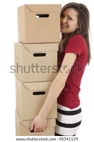 young woman carrying cardboard boxes, white background