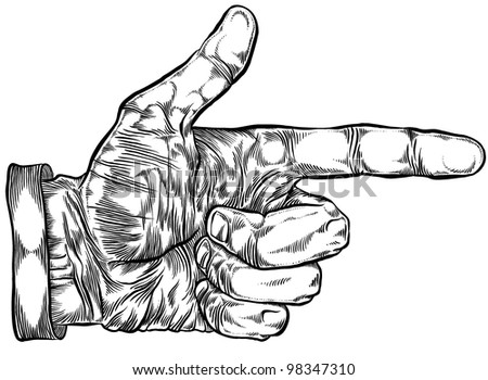 Finger pointing hand etching vintage style vector illustration.