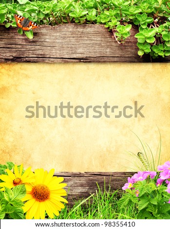 Summer background with old wooden plank, grass and green leaves