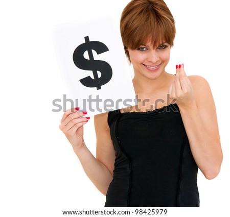 portrait young woman with board dollar mark