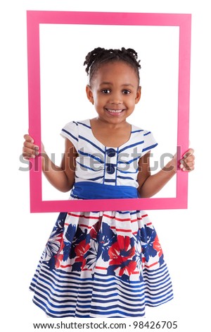 Portrait of a cute little african american girl, holding a picture frame,isolated on white background