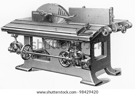 Circular saw for wood processing, from the beginning of 20th century -  Picture from Meyers Lexicon books collection (written in German language) published in 1909, Germany.