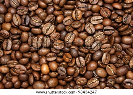 Roasted coffee beans background, closeup