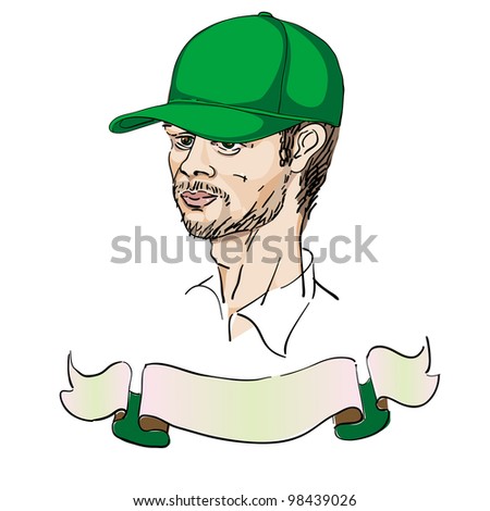 portrait of a man with a cap, doodles over white