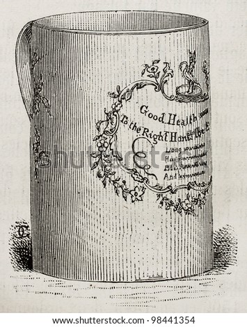 English traditional porcelain mug old illustration. By unidentified author, published on Magasin Pittoresque, Paris, 1882
