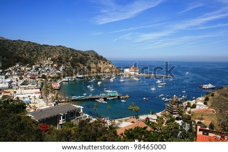 View from above of the bay and casino, Avalon, Santa Catalina Island, California Royalty-Free Stock Photo #98465000