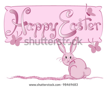 Happy Easter sign, with bunny and butterflies.