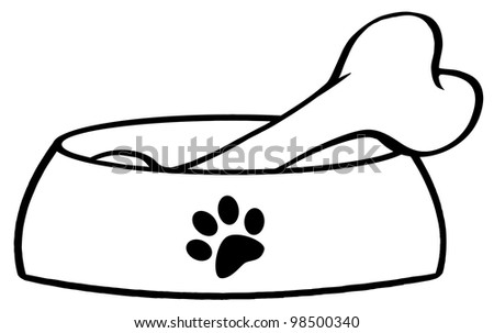 Outlined Dog Bowl With Big Bone. Vector Illustration