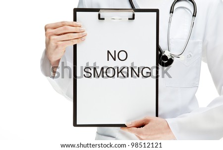 Doctor advising no smoking; closeup of doctor's hands holding clipboard with "No smoking" text; healthy lifestyle concept isolated on white