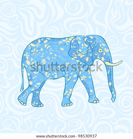 Blue Cartoon Elephant. Funny Floral Design.  Vector Card.