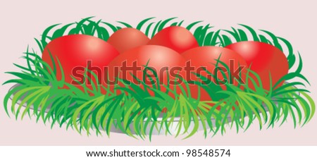 Vector illustration of red Easter eggs with grass and plate