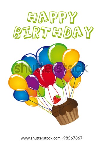 cute cup cake with balloons, birthday. vector illustration