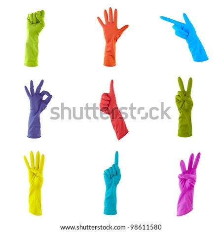 collage of colorful rubber gloves to clean the house isolated on white background