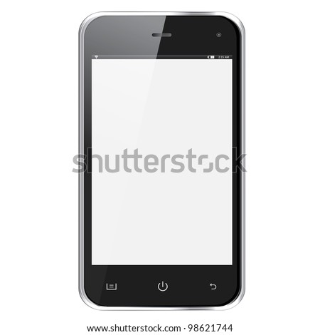 Realistic mobile phone with blank screen isolated on white background. Vector eps10 illustration