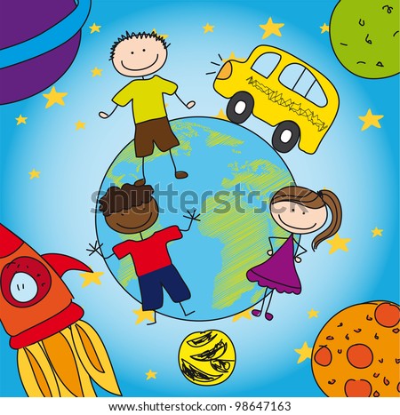 solar system and school with children, drawing. vector