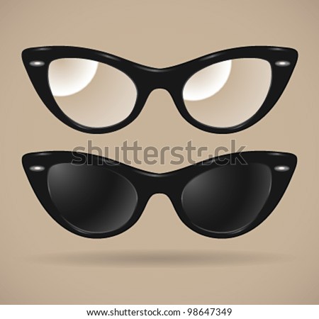 Set of sunglasses and eyeglasses (cats-eye shape/isolated) - vector illustration. Shadow and background are on separate layers. Transparent lens. Easy editing.