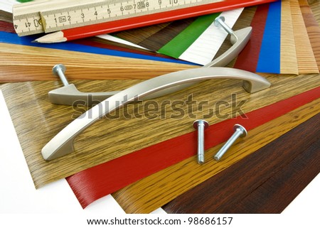 Facings for kitchen furniture, with a pencil, a ruler and a notebook depicted on a white background.
